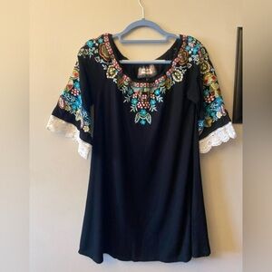 Vintage Collection Embroidered Black Tunic top with Floral Accents